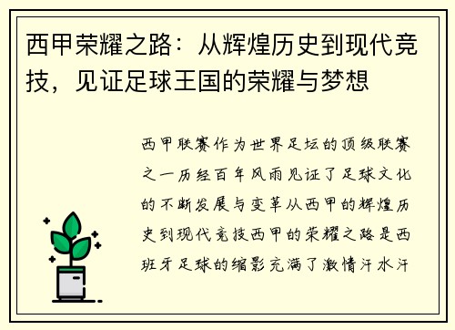 西甲荣耀之路：从辉煌历史到现代竞技，见证足球王国的荣耀与梦想