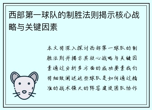 西部第一球队的制胜法则揭示核心战略与关键因素