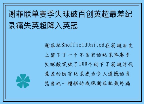 谢菲联单赛季失球破百创英超最差纪录痛失英超降入英冠