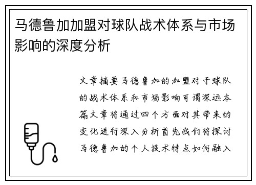 马德鲁加加盟对球队战术体系与市场影响的深度分析