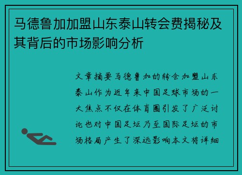马德鲁加加盟山东泰山转会费揭秘及其背后的市场影响分析