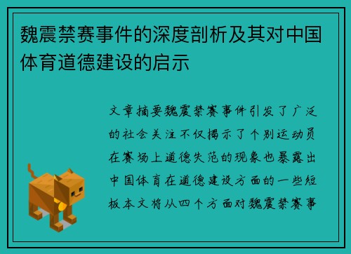 魏震禁赛事件的深度剖析及其对中国体育道德建设的启示