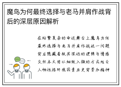 魔鸟为何最终选择与老马并肩作战背后的深层原因解析